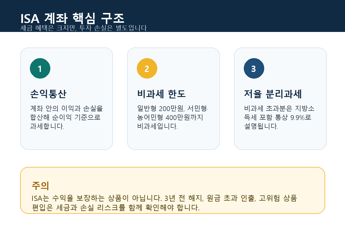 ISA 계좌의 손익통산, 비과세 한도, 분리과세 구조를 설명한 인포그래픽