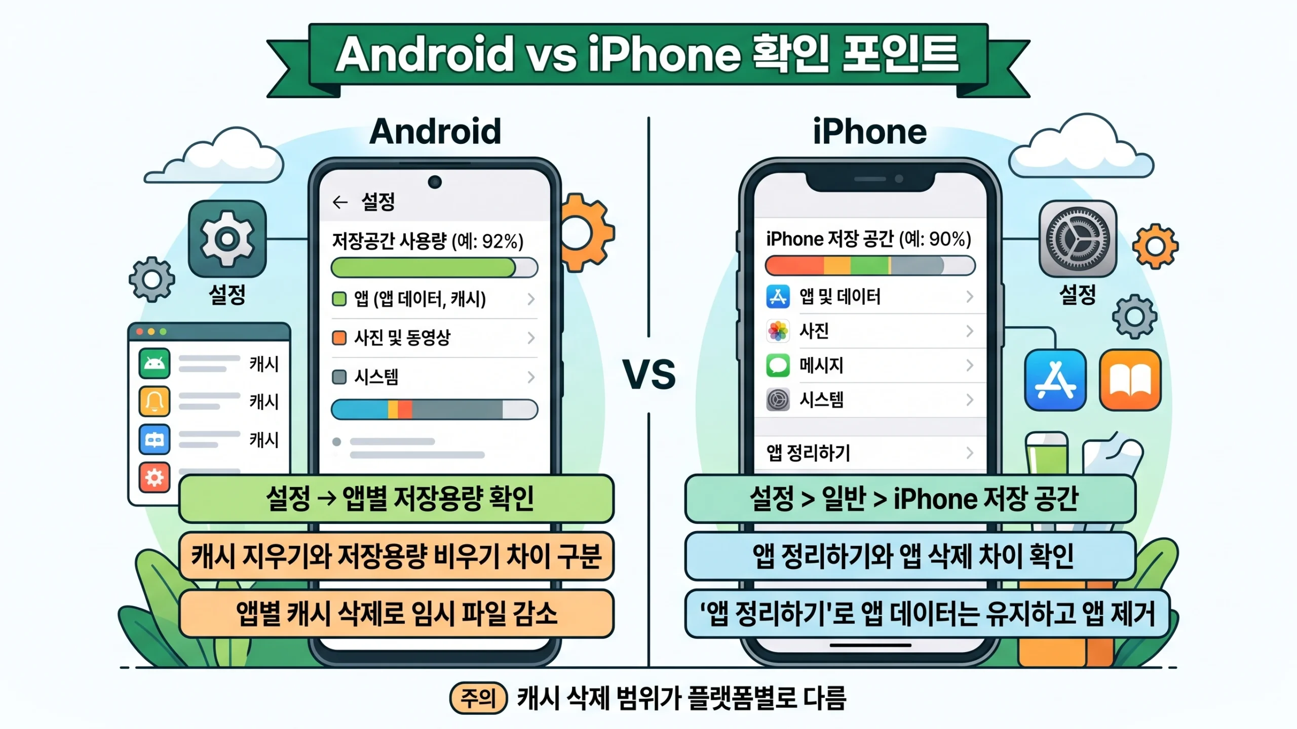 휴대폰 저장공간 정리 순서 기기별 확인 기준 비교 인포그래픽