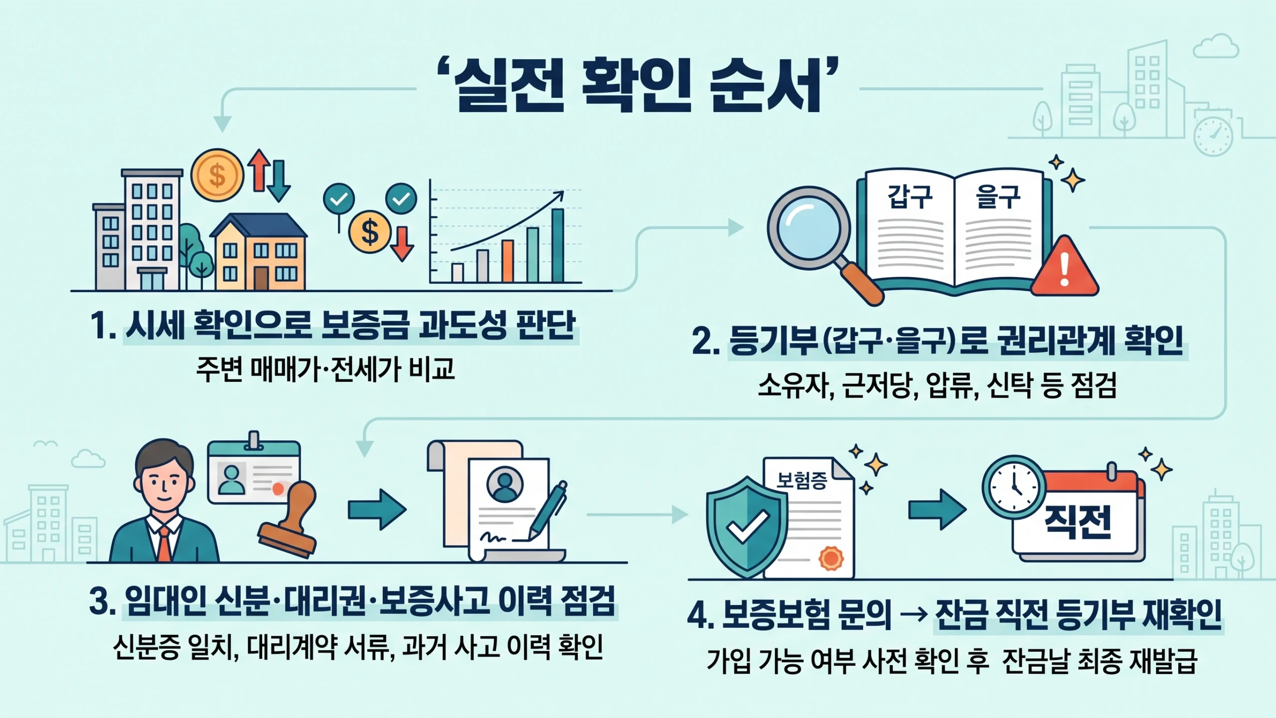 전세 계약 전 위험신호 확인법 실전 절차 흐름(단계별 행동 가이드) 인포그래픽