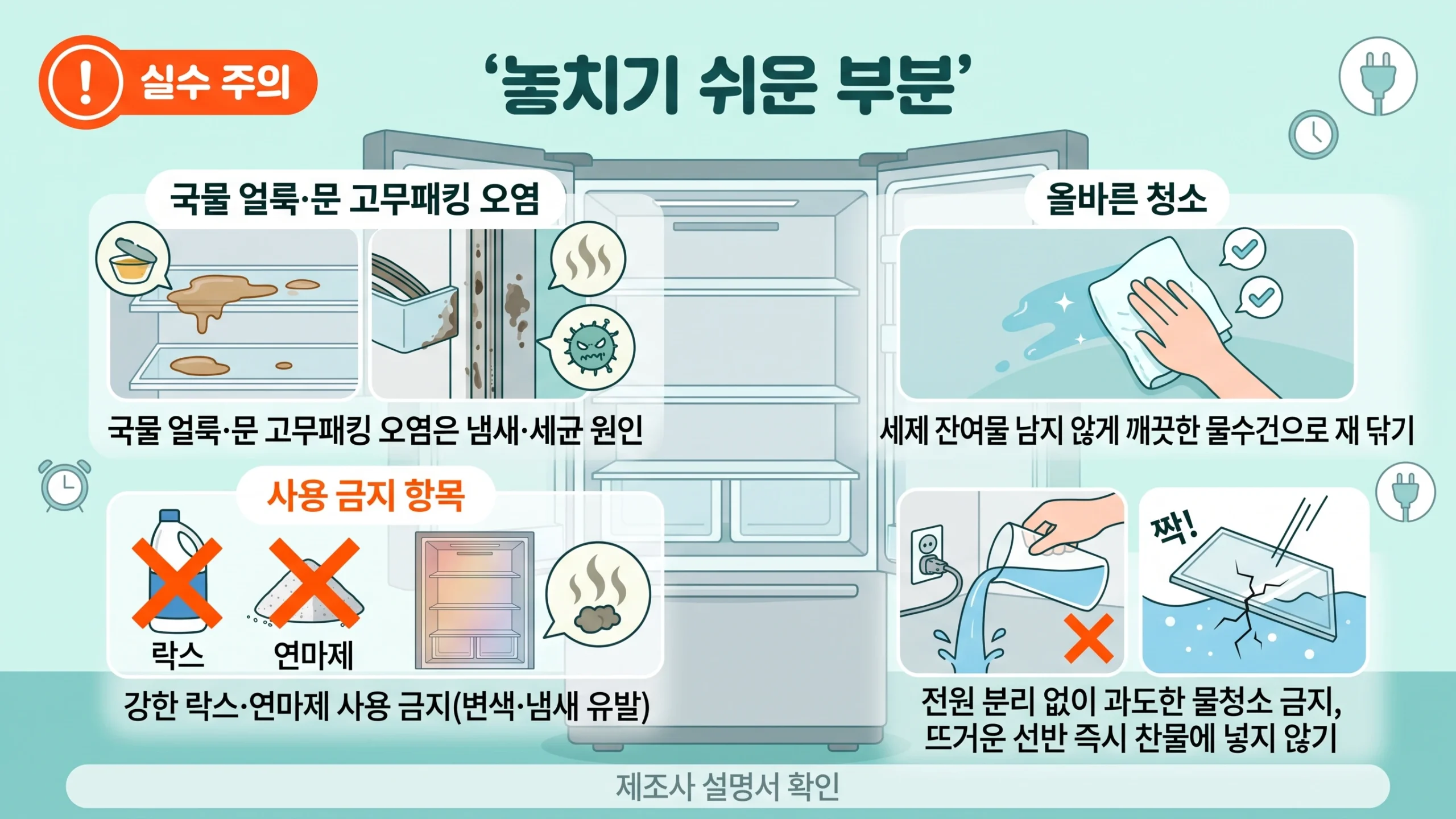 냉장고 냄새 없애는 법 놓치기 쉬운 실수와 사용 금지 항목 경고 인포그래픽