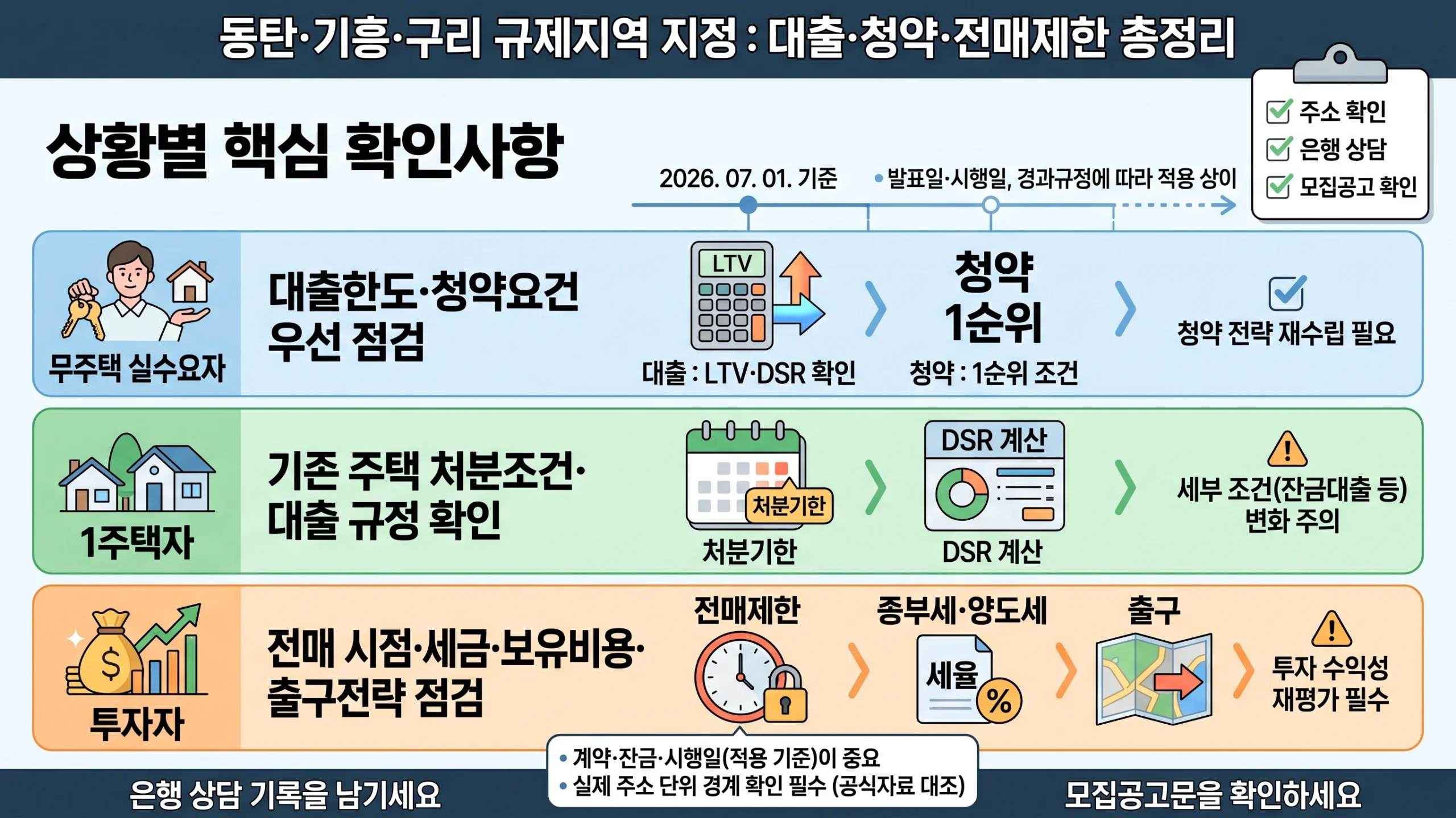 동탄·기흥·구리 규제지역 상황별 비교(무주택·1주택·투자자) 인포그래픽