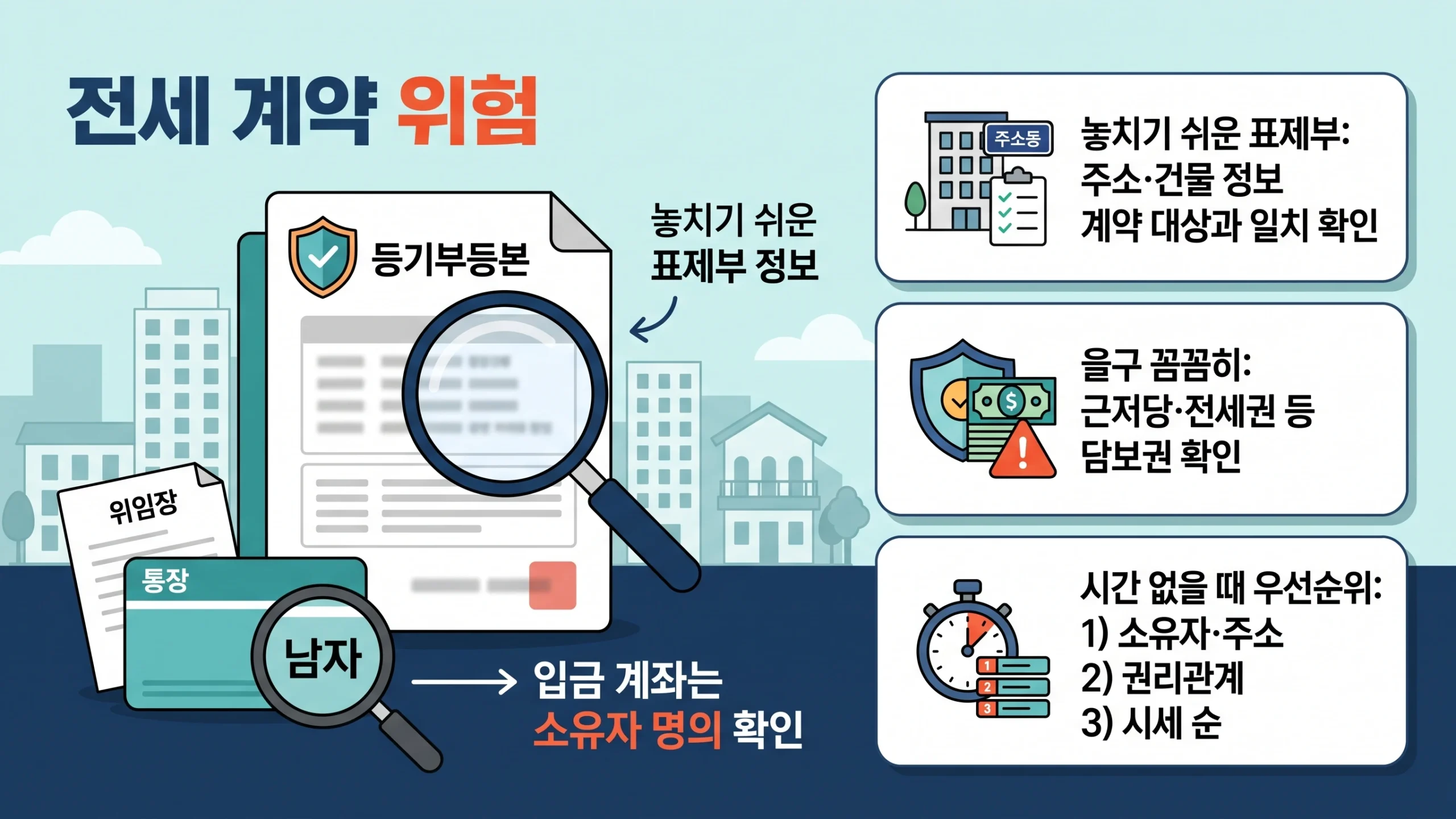 전세 계약 전 위험신호 확인법 놓치기 쉬운 세부사항과 빠른 우선순위 인포그래픽