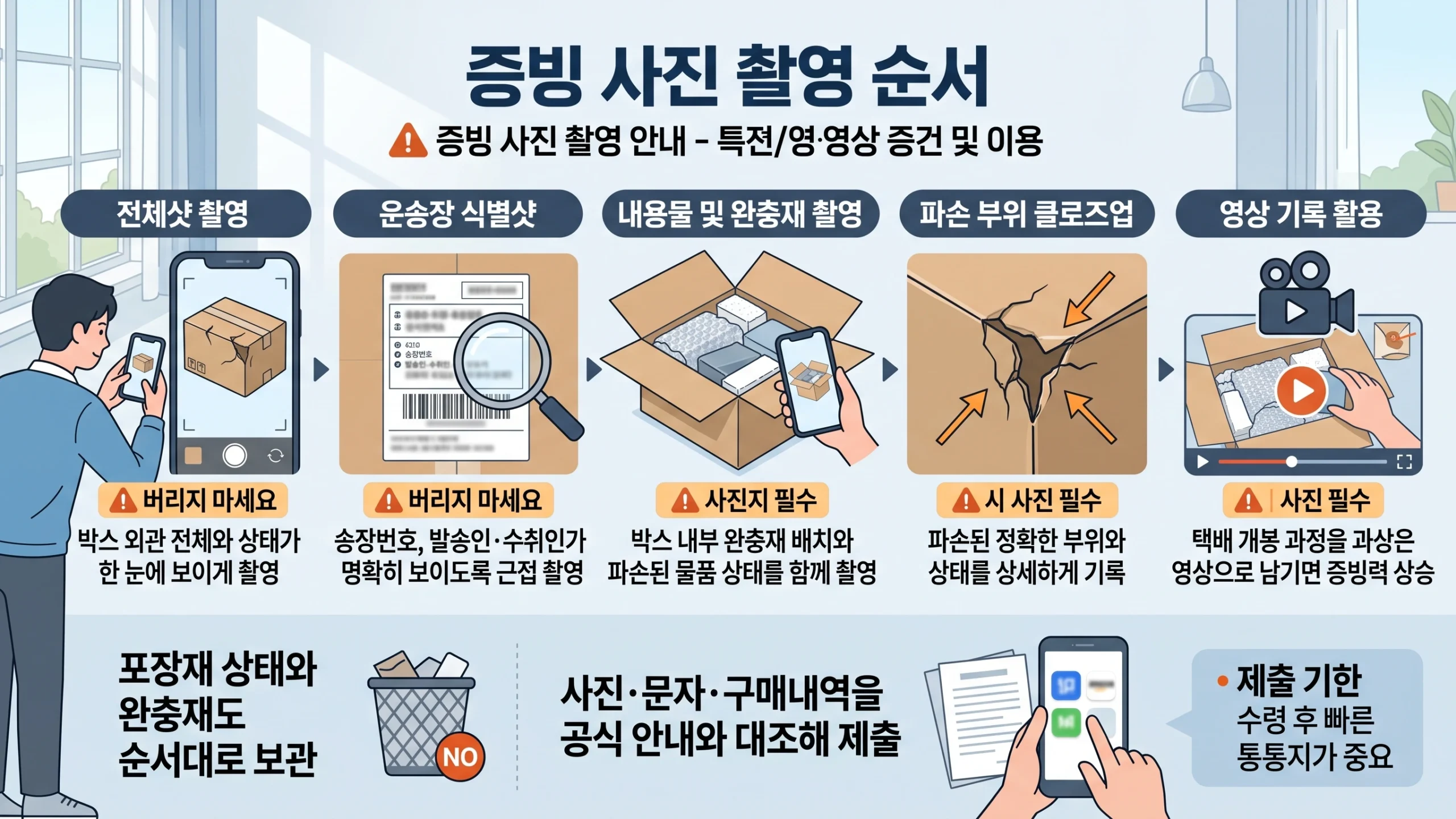 택배 분실·파손 보상 받는 법 증빙 촬영 가이드 — 사진·영상 증거의 구체적 순서와 활용법 인포그래픽