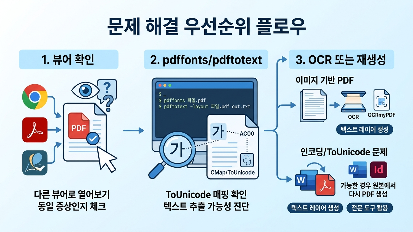 PDF 복사 오류 점검 순서: 다른 뷰어 비교, 폰트와 추출 결과 확인, 스캔 OCR 또는 편집 원본에서 PDF 재생성