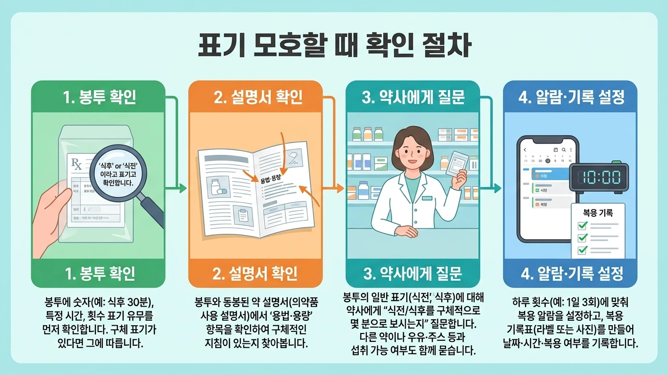 약 봉투 복용시간 process 인포그래픽