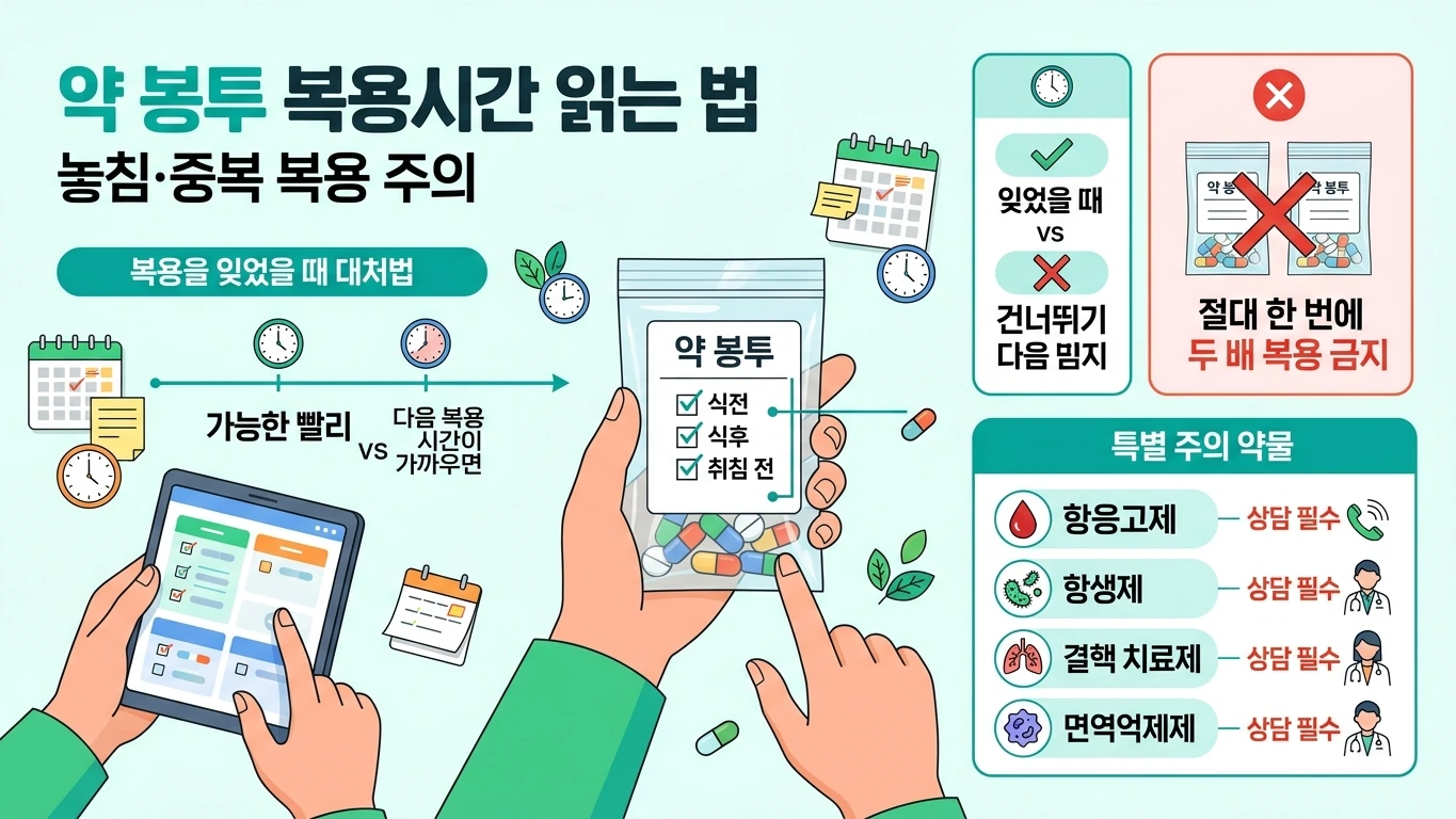 약 봉투 복용시간 warning 인포그래픽