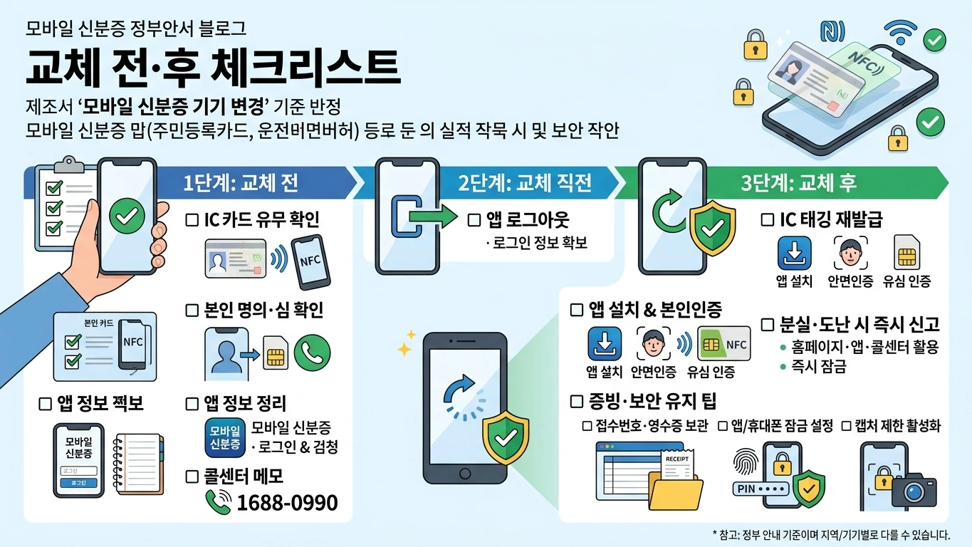 모바일 신분증 기기 변경 checklist 인포그래픽